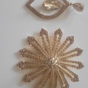 Blazer Brooch and Earrings: Gold Crystal Sunburst Set